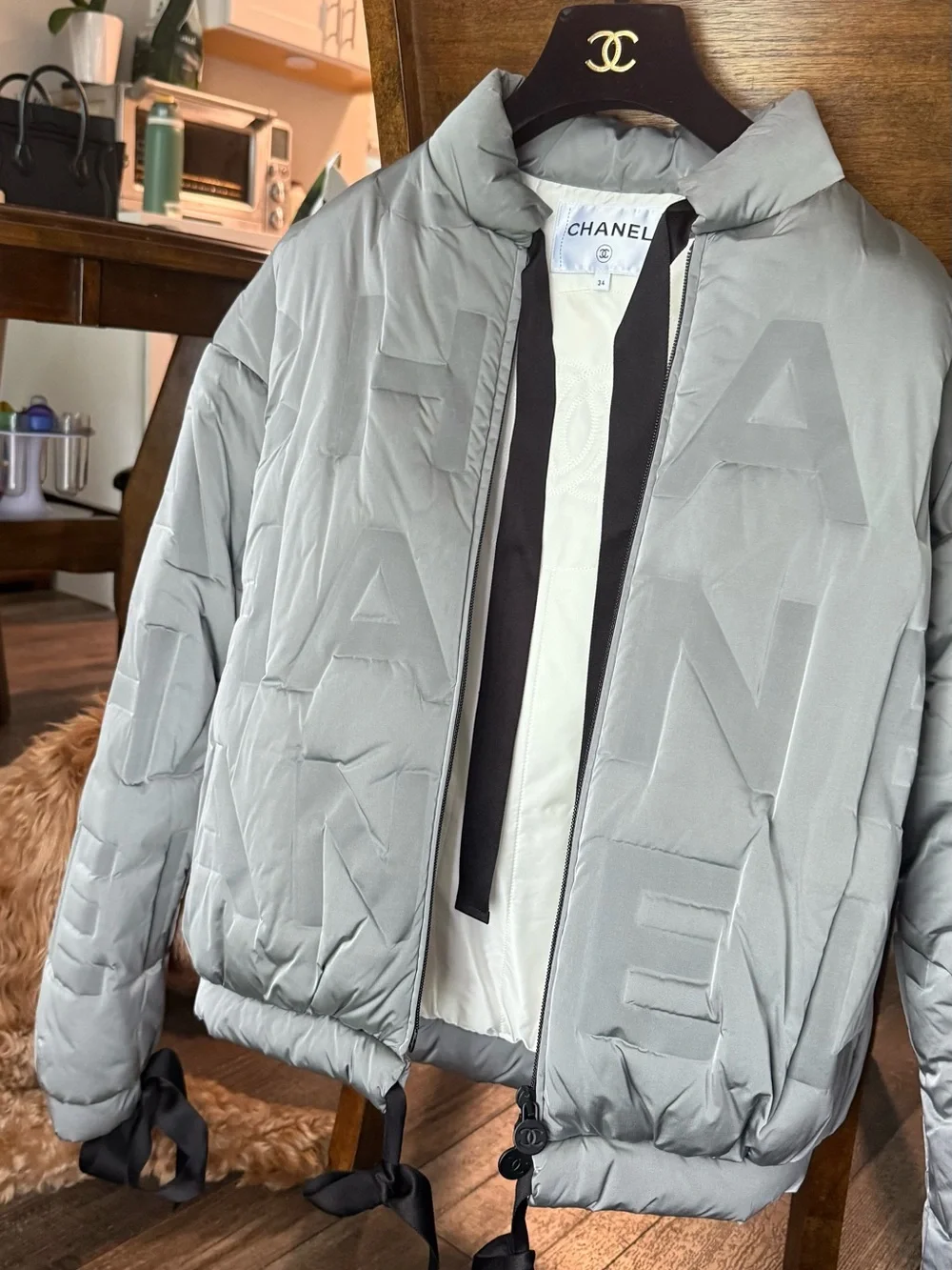 CHANEL Light Gray Quilted Logo Puffer Jacket - Picture 5 of 5